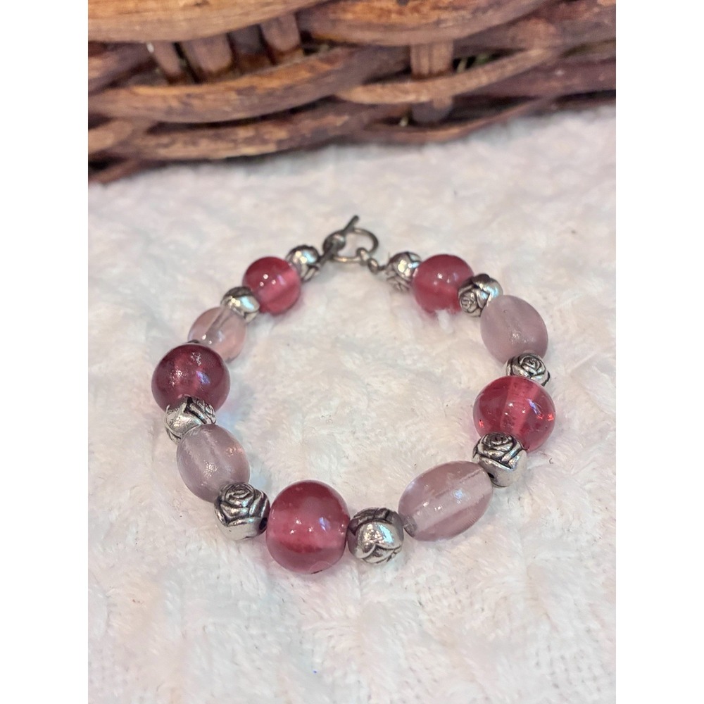 Pink Glass Beaded Bracelet Silver Tone Rose Beads Floral Romantic Y2K Jewelry